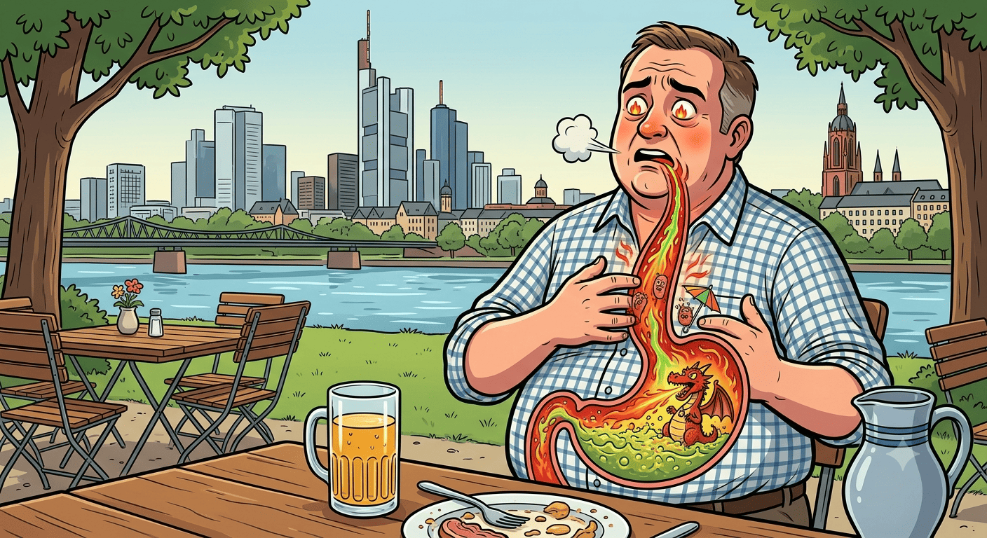 Comic eines Menschen mit Sodbrennen am Main in Frankfurt