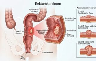 Schematische Darstellung (KI-generiert): Rektumkarzinom im Enddarm, Querschnitt der Darmwand und Wachstumsstadien des Tumors