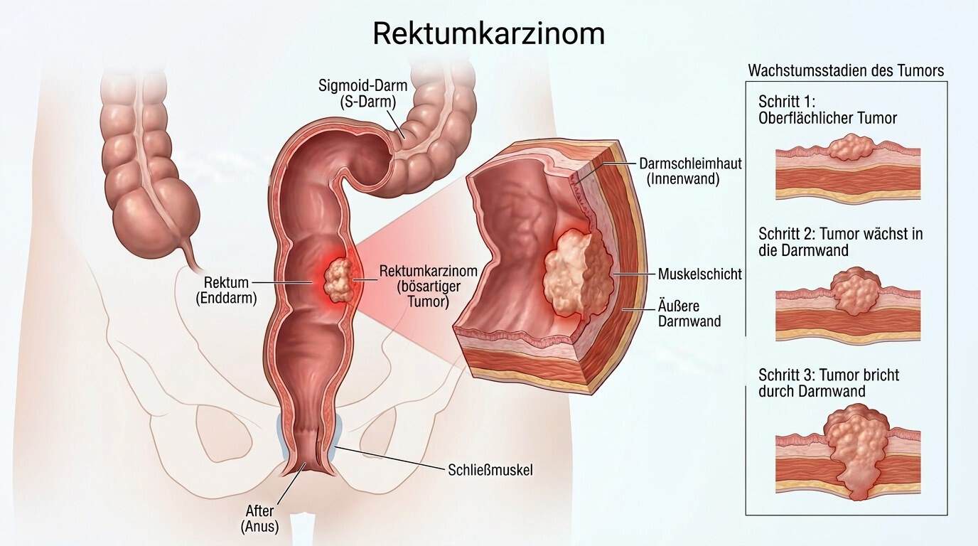 Schematische Darstellung (KI-generiert): Rektumkarzinom im Enddarm, Querschnitt der Darmwand und Wachstumsstadien des Tumors