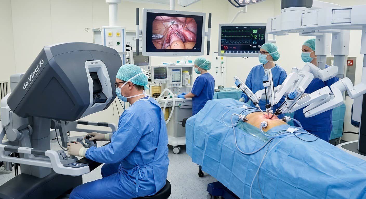 Symbolbild (KI-generiert): Roboterassistierte Operation mit dem Da-Vinci-System – Chirurg an der Konsole, OP-Team am Patienten